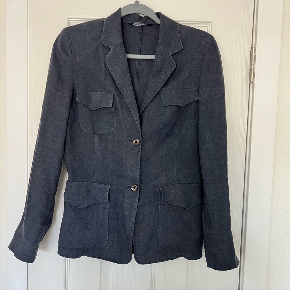 Anne Klein New York Womens S  Navy Blue 100% Linen Safari Blazer Jacket Italy 56
